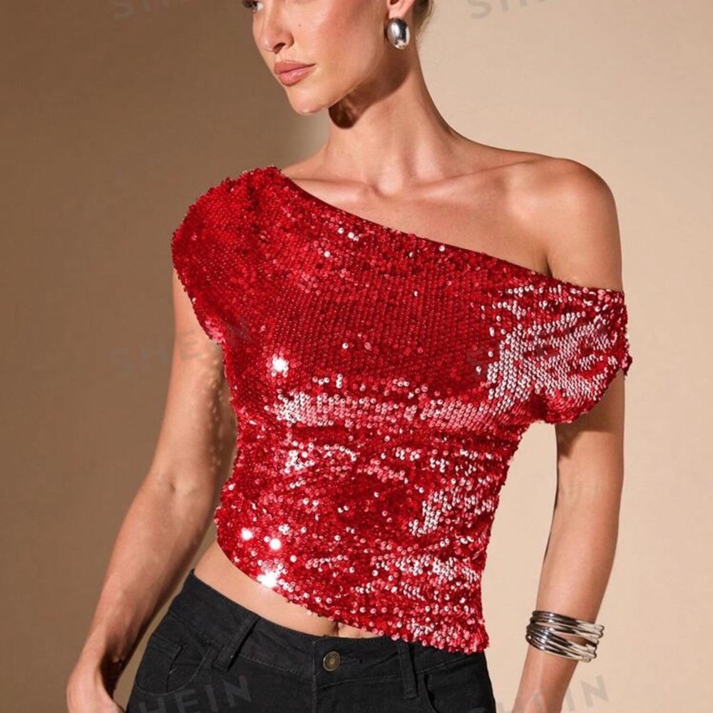 1pc Women Minimalist Sexy Asymmetric Shoulder Top, Metallic Sequin